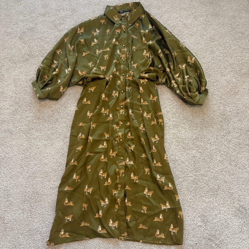 Zara Satin Midi Shirt Dress Womens XL Green Tiger Print Safari Lightweight
